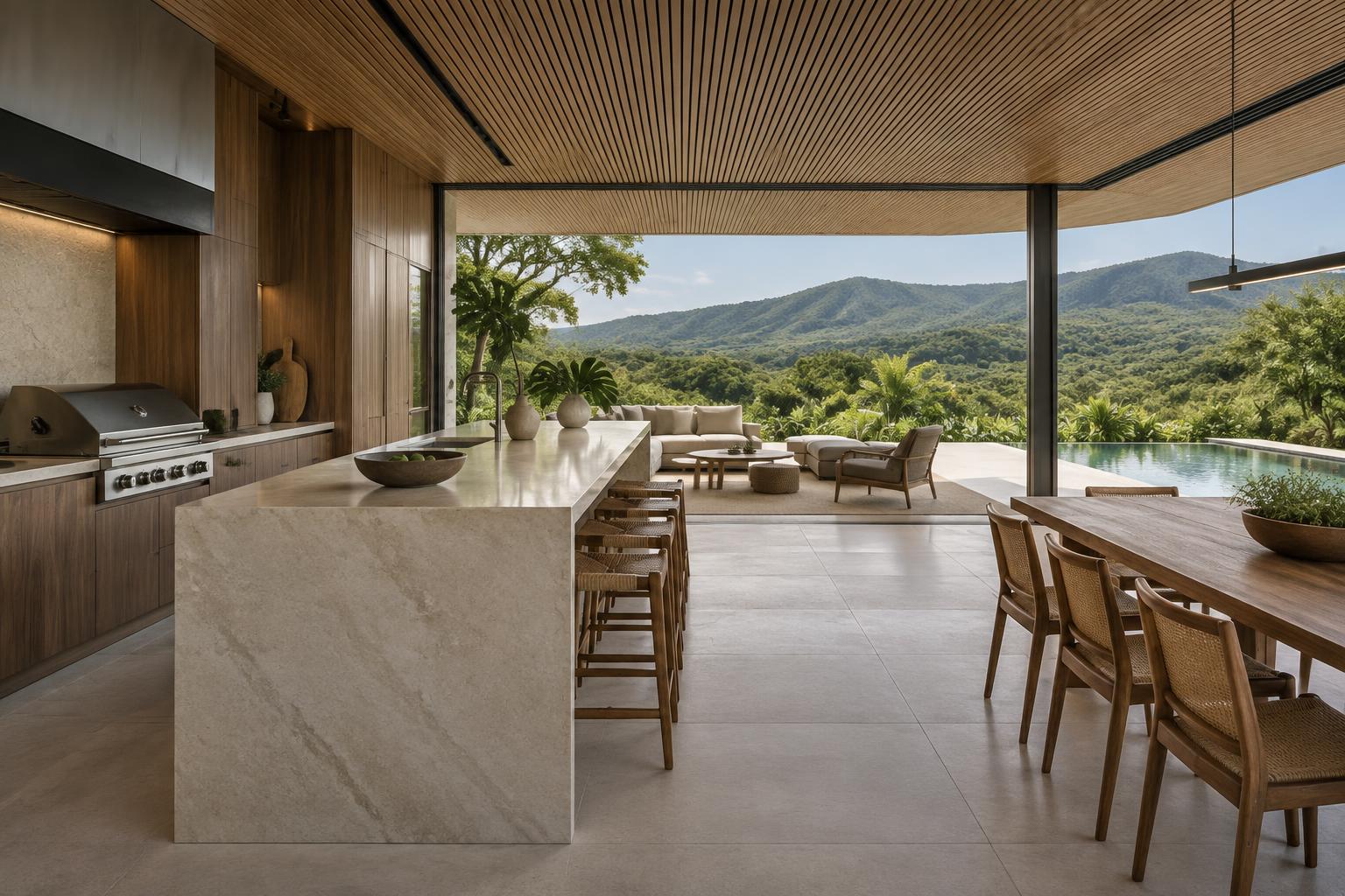Espaço gourmet com marcenaria em madeira natural e marmoraria de precisão